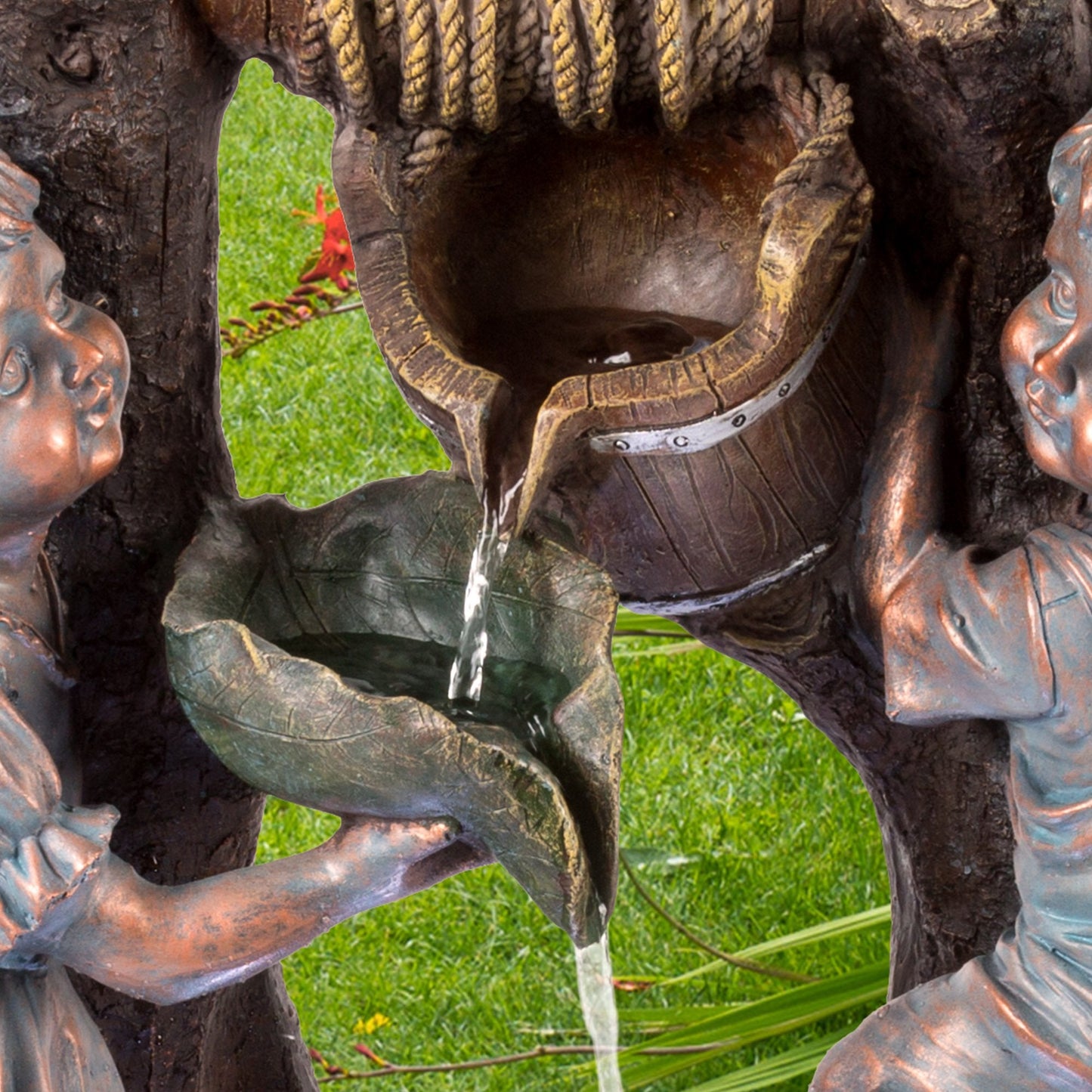 Boy and Girl Outdoor Water Fountain - Cascading Waterfall with Soothing Sounds and 4 LED Lights for Garden or Patio by Pure Garden (Antique Bronze)