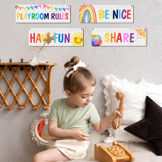 4 Pieces Playroom Decor Kids Room Wall Decor Wooden Sign - Rainbow Theme Motivational Wall Art For Kids Room Nursery Classroom - Playroom Rules Be Nice Share Have Fun(Sign-12)