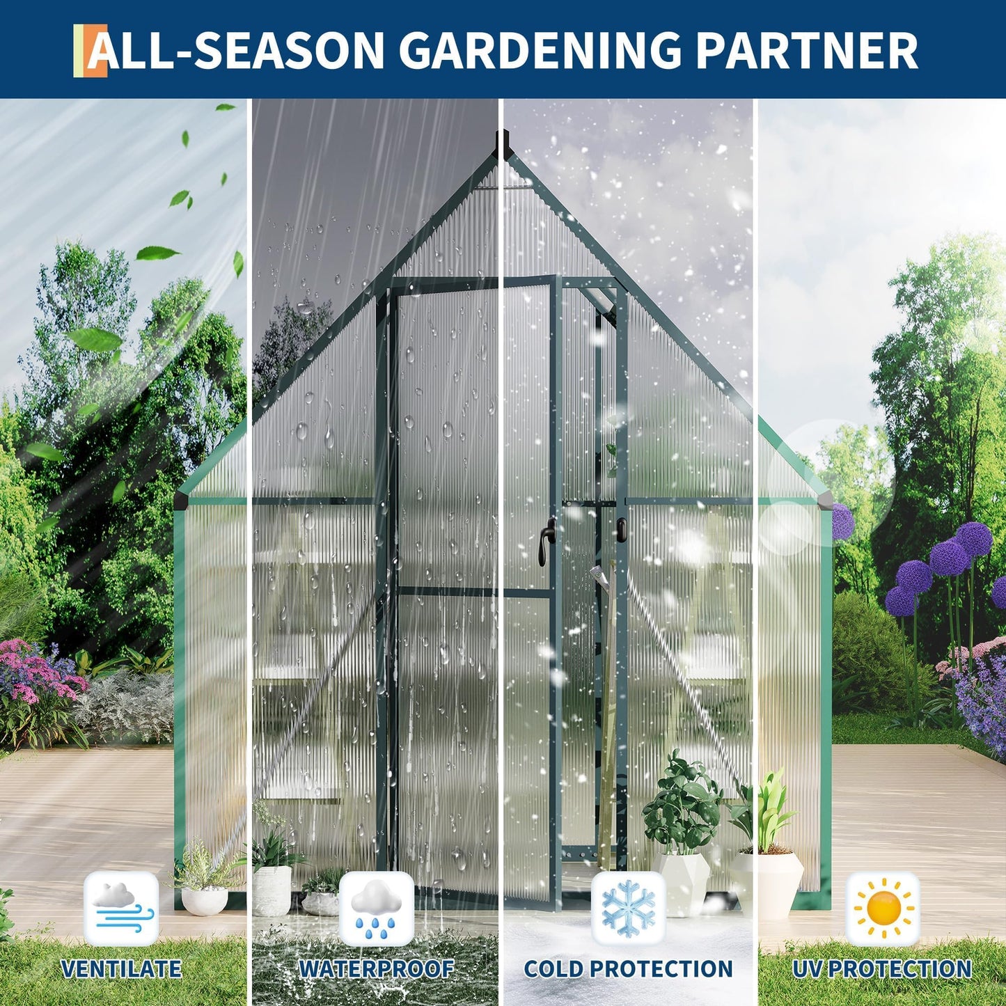 ActiveTrail Heavy Duty 6x4FT Polycarbonate Greenhouse for Outdoors – Reinforced Aluminum Frame, UV Protection, Roof Vent, Double Doors – Small Walk-in Garden Green House for All-Season Growing