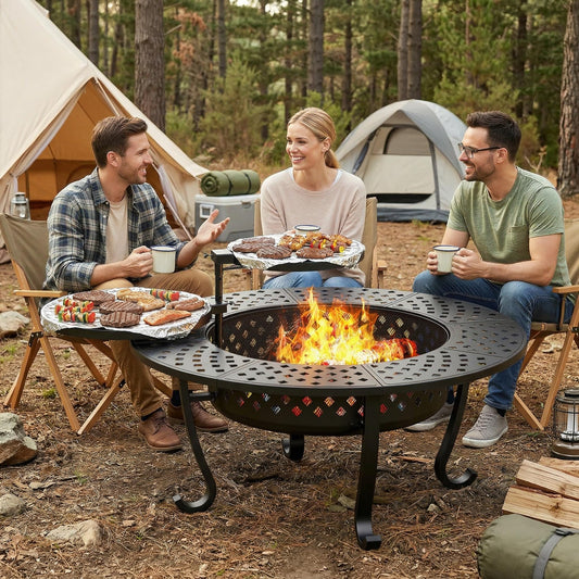 Outdoor Fire Pit, 43" Fire Pit for Outside Wood Burning with Adjustable 2 Grills, Outdoor Fireplace with Lid and Fire Poker, BBQ, Bonfire, Round Firepit 3 in 1 for Patio, Backyard, Garden, Black