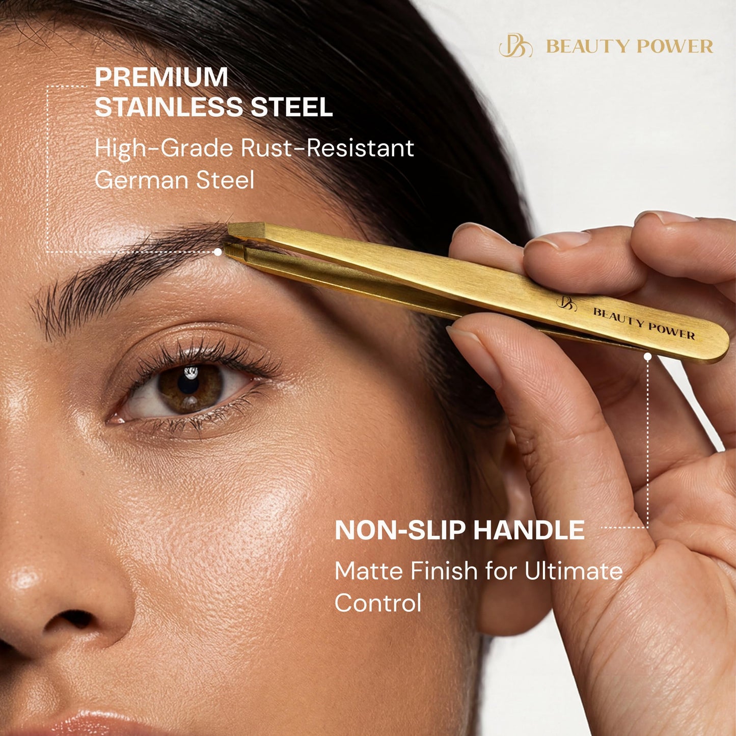 Beauty Power Tweezers for Women Facial Hair: Ultra Precision Tweezers for Women & Men, Sharp Slant Tweezer for Eyebrows, Ingrown Hair Removal. Professional Plucker + Case, German Stainless Steel Gold