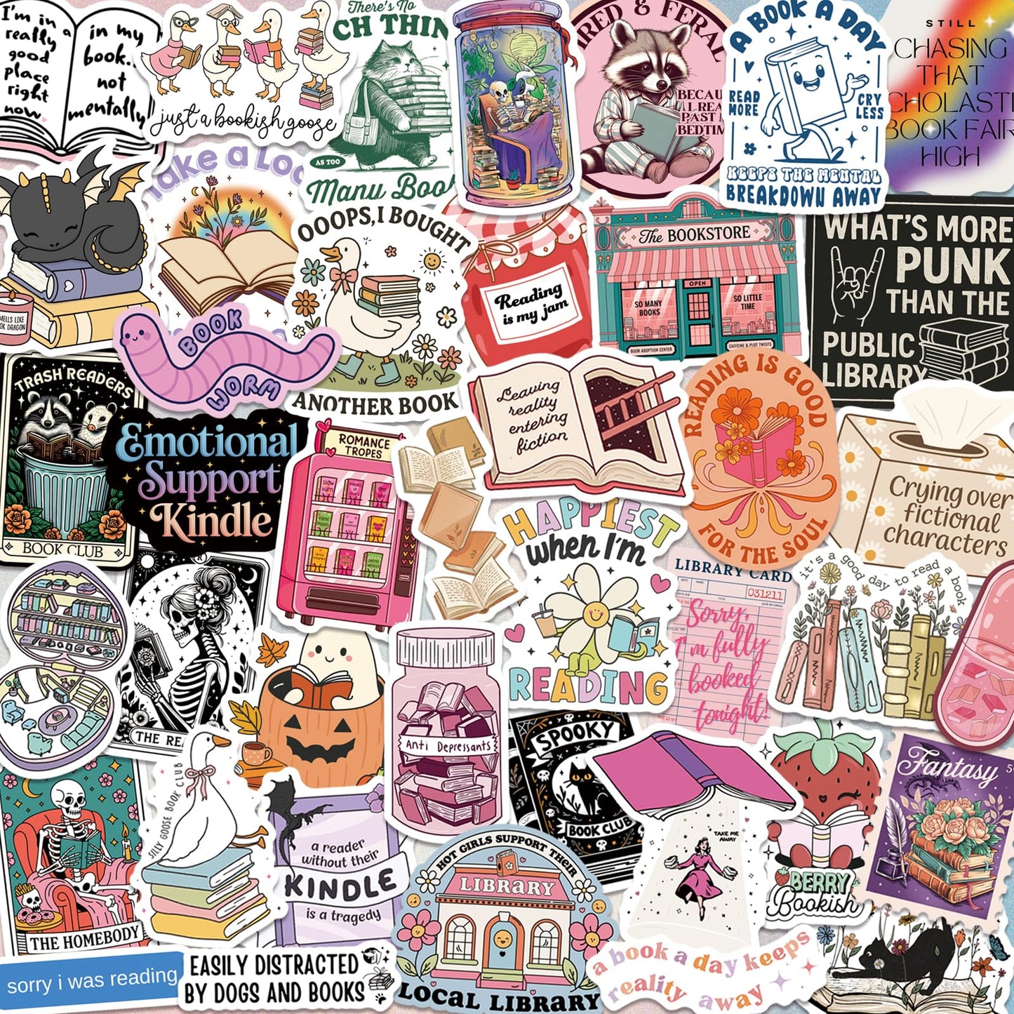 300 PCS Book Stickers for Kindle, Bookish Sticker Pack Reading Glitter Waterproof Vinyl Decals for Laptop, Ebook Readers, Water Bottles, Phone, Journal, Scrapbook, No Repeats (Holographic)