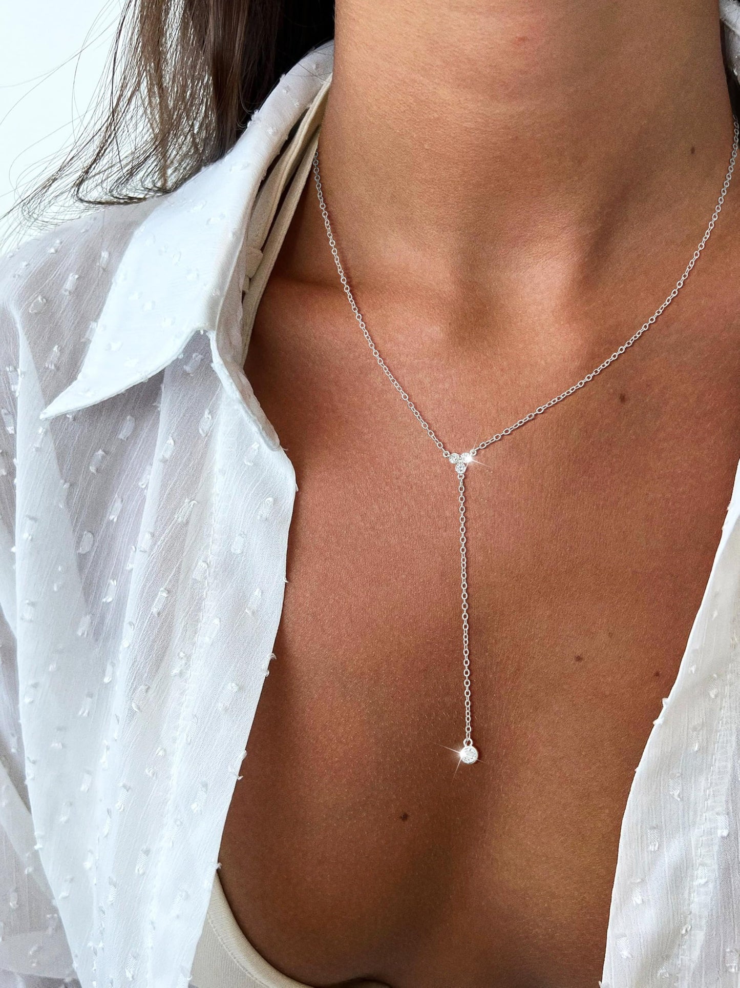 JIKASI Silver Drop Necklaces for Women Trendy Silver Layered Y-Shaped Necklace Dainty Drop Dangle Chain Simple CZ Necklaces Wedding Jewelry Gifts for Woman