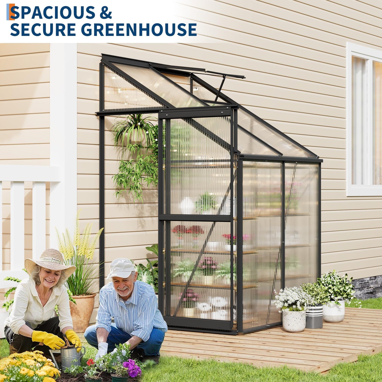 GarveeHome 4x4FT Lean to Greenhouse, Small Walk-in Polycarbonate Greenhouse with Adjustable Vent Window, Sliding Door, Portable Green House Kit for Outdoors, Winter