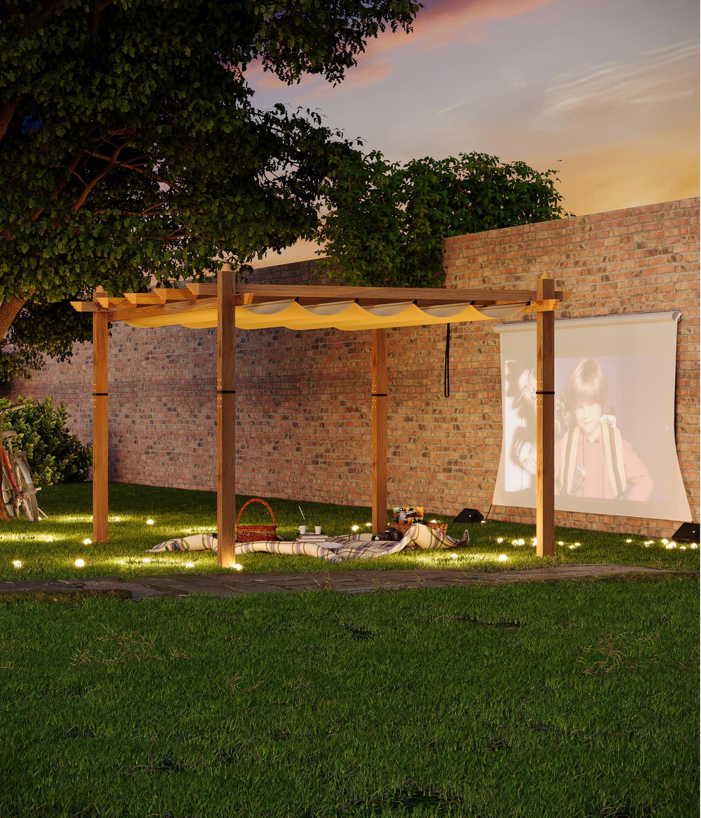 GarveeLife 10 x 13 ft Wood-Grain Aluminum Pergola Outdoor Pergola with Retractable Canopy Sun Shade Shelter for Garden, Patio, Backyard, Deck - Khaki