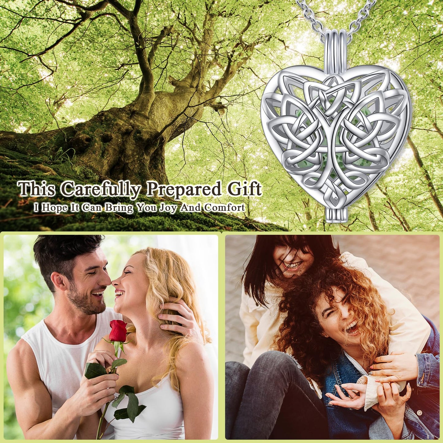 S925 Sterling Silver Aromatherapy Essential Oil Diffuser Necklace Love Heart Celtic Knot Tree of Life Locket Perfume Pendant Necklace Jewelry 18+2 inches Adjustable Chain with 10 PCS Stones