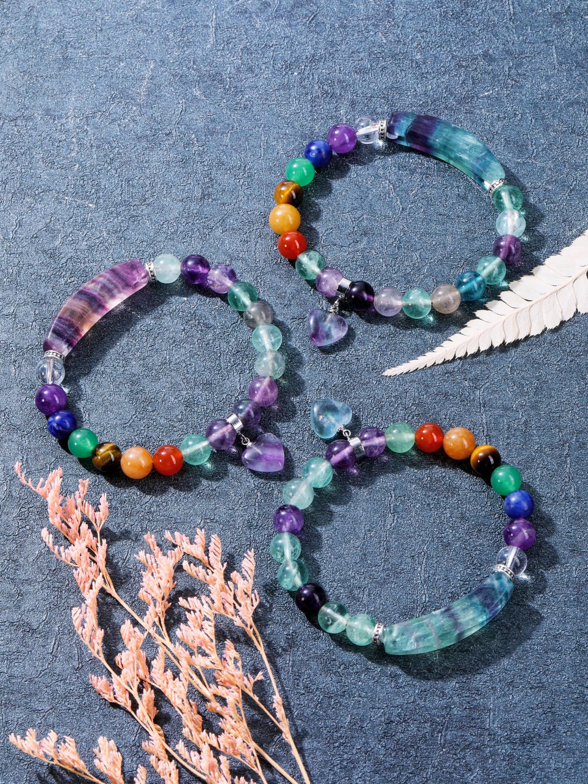 Jovivi 7 Chakra Bracelets for Women Men Natural Chakra Gemstones 8mm Round Beads Fluorite Crystal Heart Bracelet Reiki Healing Stones Energy Stretch Bracelet Jewelry Gifts