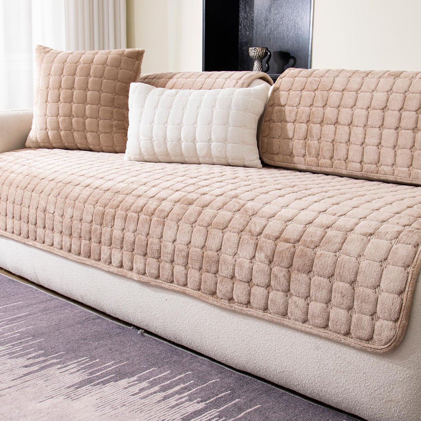 MDSASFD Velvet Couch Cover, Washable Sectional Sofa Cover, Anti Slip Sofa Slipcovers for 3 Cushion Couch Sofa L Shaped Recliner, Furniture Protector Covers for Pets Kids(Khaki, Only 1 PCS)
