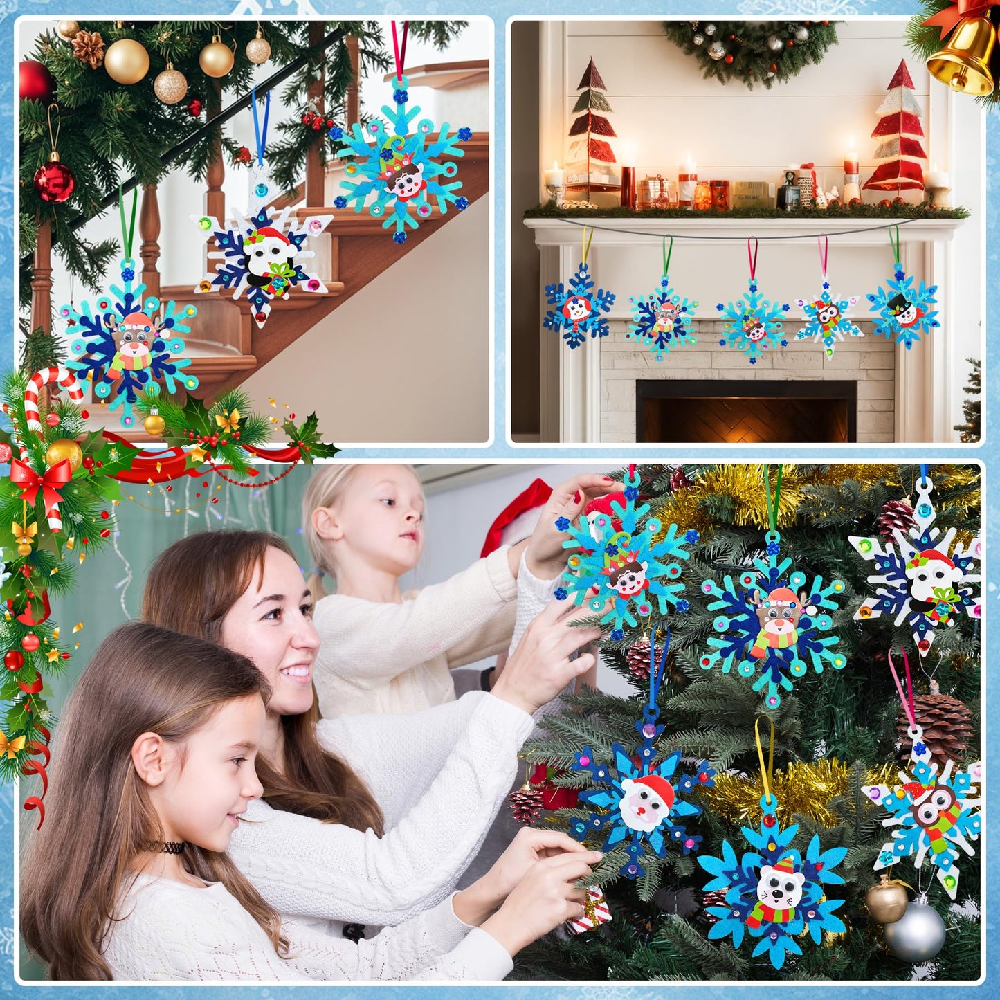 Ruicnte 24 Sets Christmas Craft Art Kits for Kids,DIY Winter Snowflake Crafts with Penguin Snowman Santa Sticker for Christmas Tree Ornaments Decoration for Home Classroom Activities Favors
