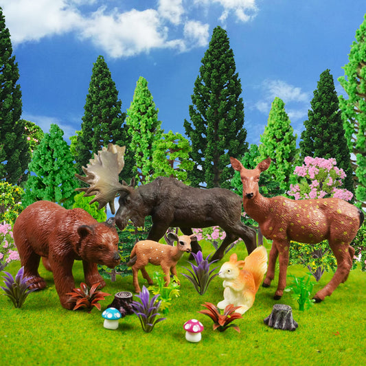40 PCS Woodland Animals Figures Model Trees 5 Pcs Animal and 35 Pcs Mixed Plastic Trees Forest for Woodland Cake Toppers Decorations Birthday
