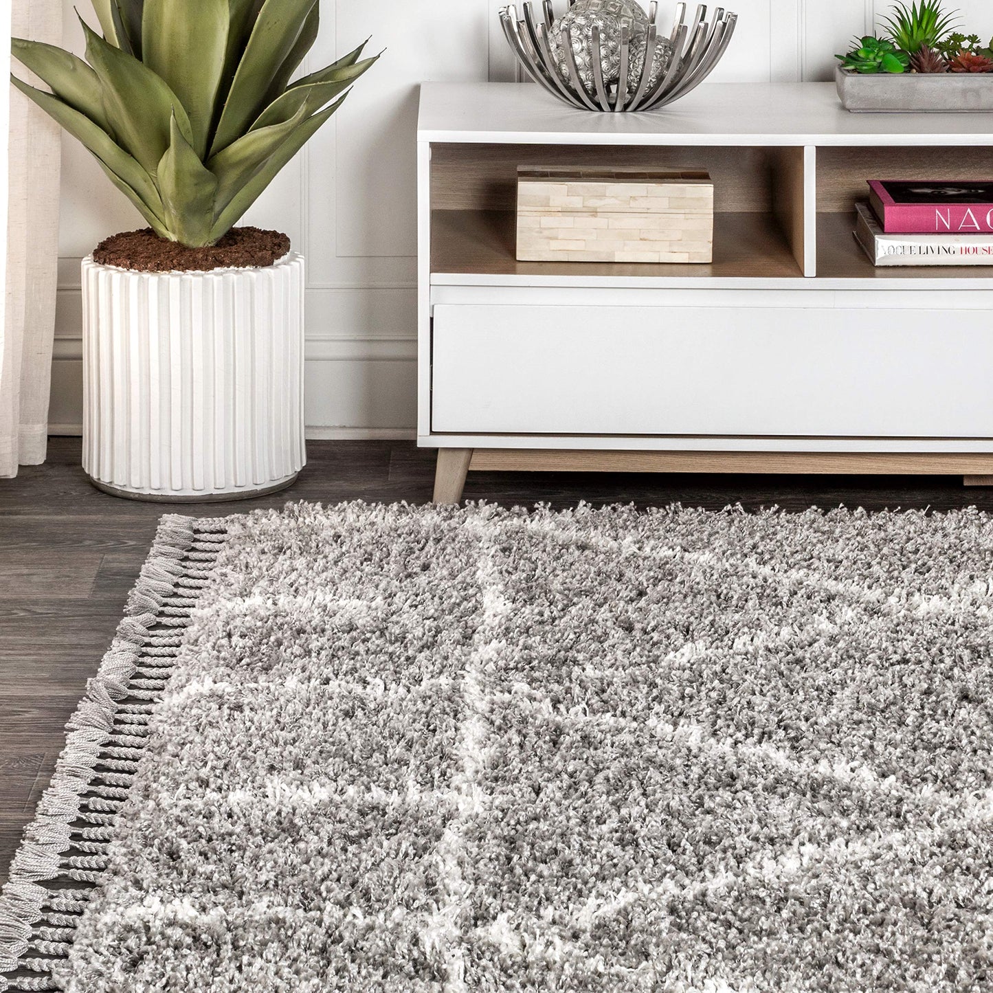 JONATHAN Y Mercer Shag Plush Tassel Gray/Ivory Indoor Area Rug, 3x5, Moroccan Geometric Trellis, Easy-Cleaning for Living Room, Bedroom, Kitchen, Pet Friendly, Non-Shedding (MCR101C-3)