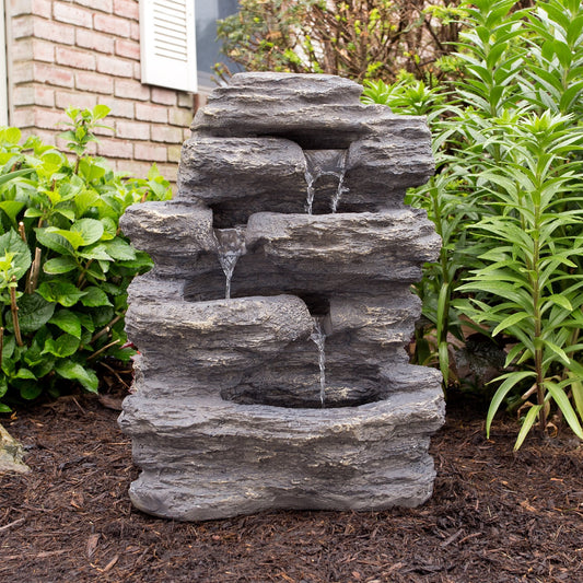 3-Tier Outdoor Water Fountain - Cascading Faux Rock Waterfall with Soothing Natural Sound for Patios, Porches, and Decks by Pure Garden (Gray Stone)