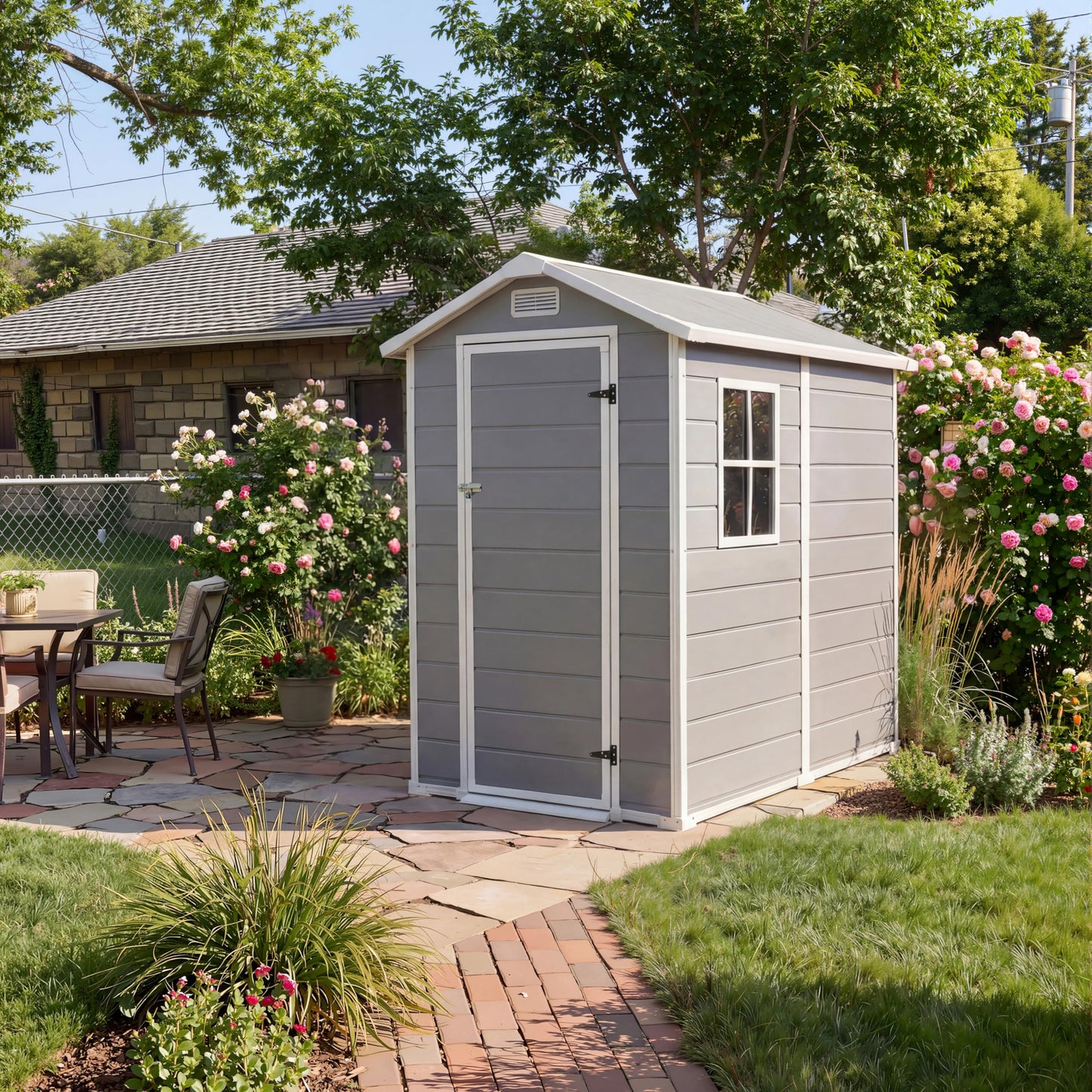Plastic Outdoor Storage Shed with Floor & Window, 4x6 ft Resin Garden Shed for Patio, Lawn Mower, Bike & Tool, Waterproof Outdoor Storage with Lockable Door & 2 Vents & Sloped Roof for Backyard