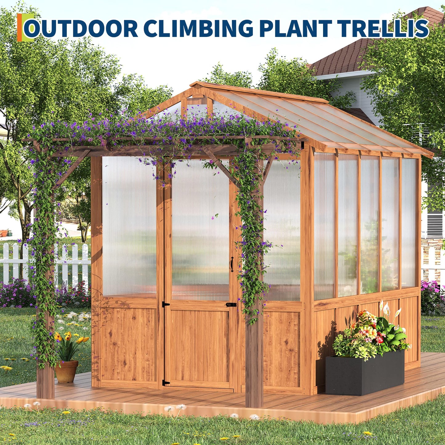 8X13ft Greenhouse Kit with Pergola, Wooden Walk-in Green House with Cedar Frame, Greenhouse Kit with 6mm Thick Polycarbonate Panel
