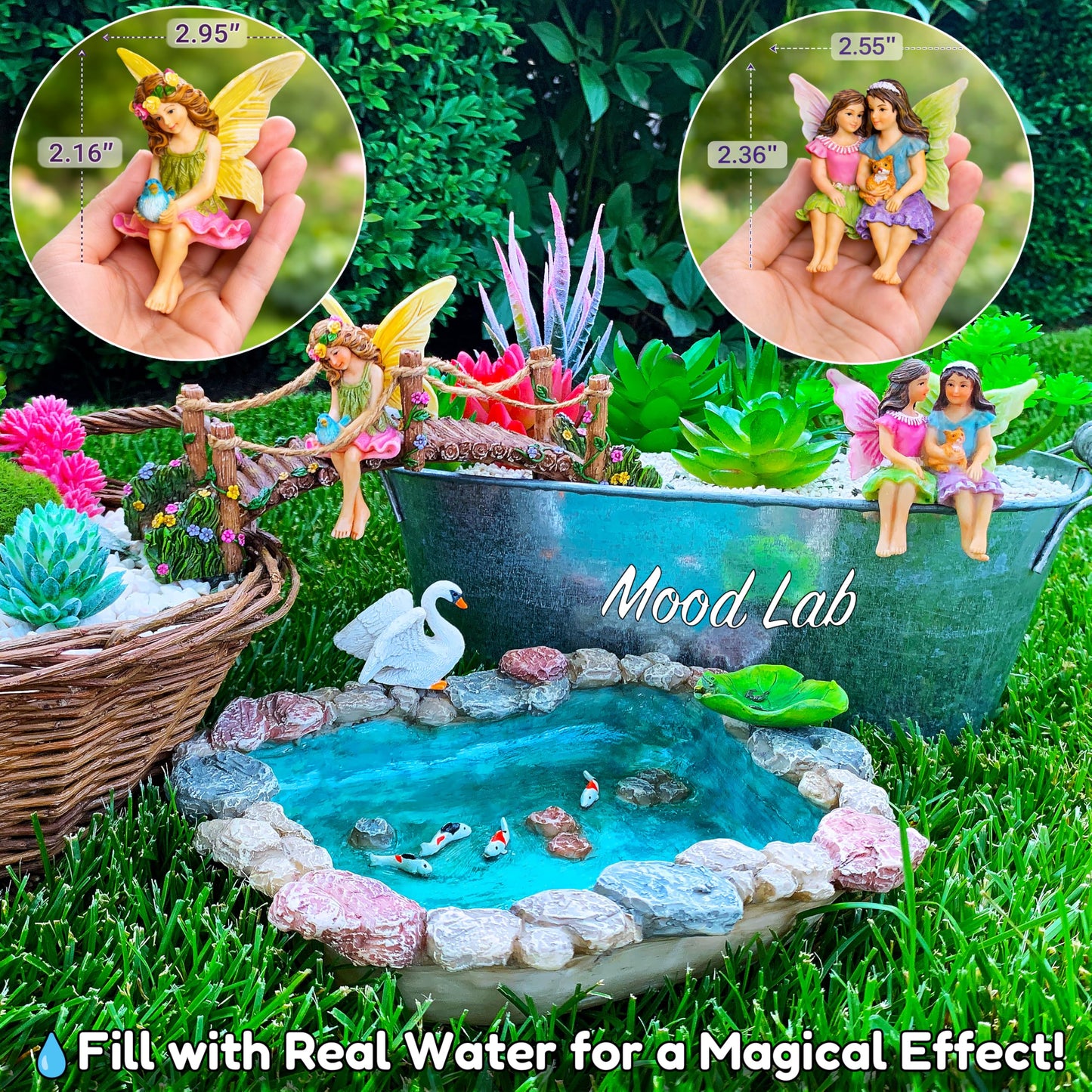 Mood Lab Fairy Garden Figurines - Fish Pond & Bridge - Miniature Decor Set (6 pcs) - Statues & Accessories - Outdoor & Indoor Garden Decor