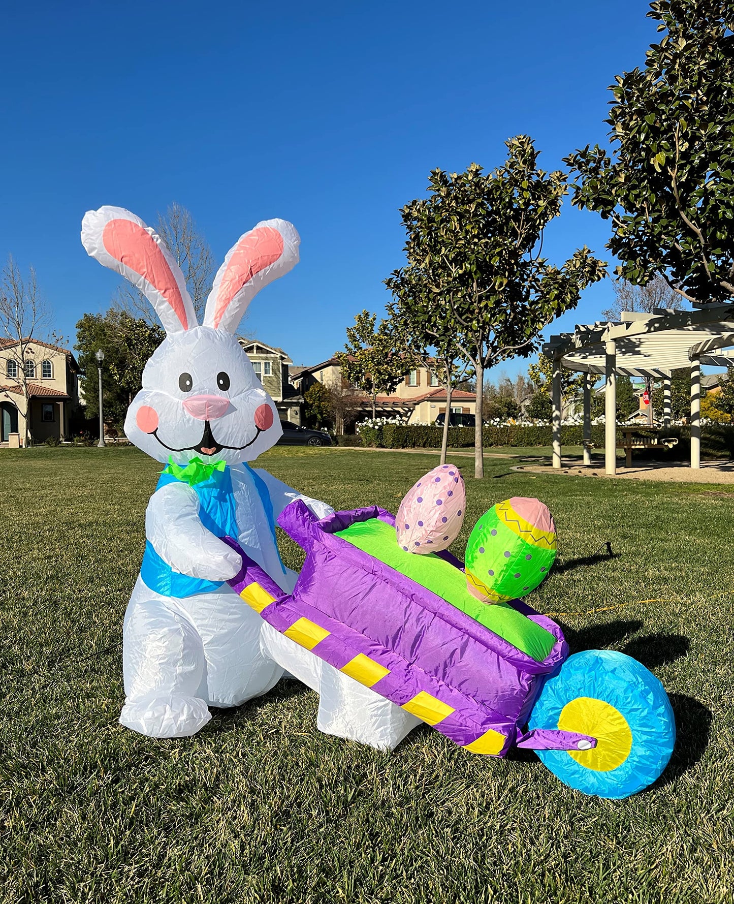 4 Foot Tall Easter Inflatable Happy Bunny Rabbit Pushing Wheelbarrow with Two Eggs Pre-Lit LED Lights Outdoor Indoor Holiday Blow up Lighted Yard Lawn Home Family Outside Decor Party Decoration