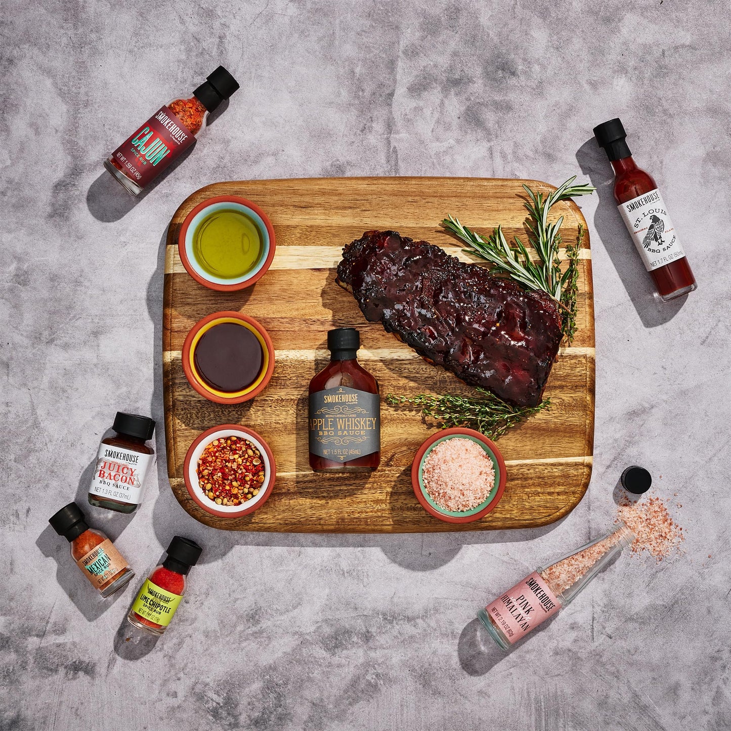 Smokehouse by Thoughtfully, Ultimate BBQ Sampler Set, Vegan and Vegetarian, Includes a Variety of Flavorful USA Made BBQ Sauces, Rubs, and Salts for Smoking and Grilling in Sample Size Glass Bottles
