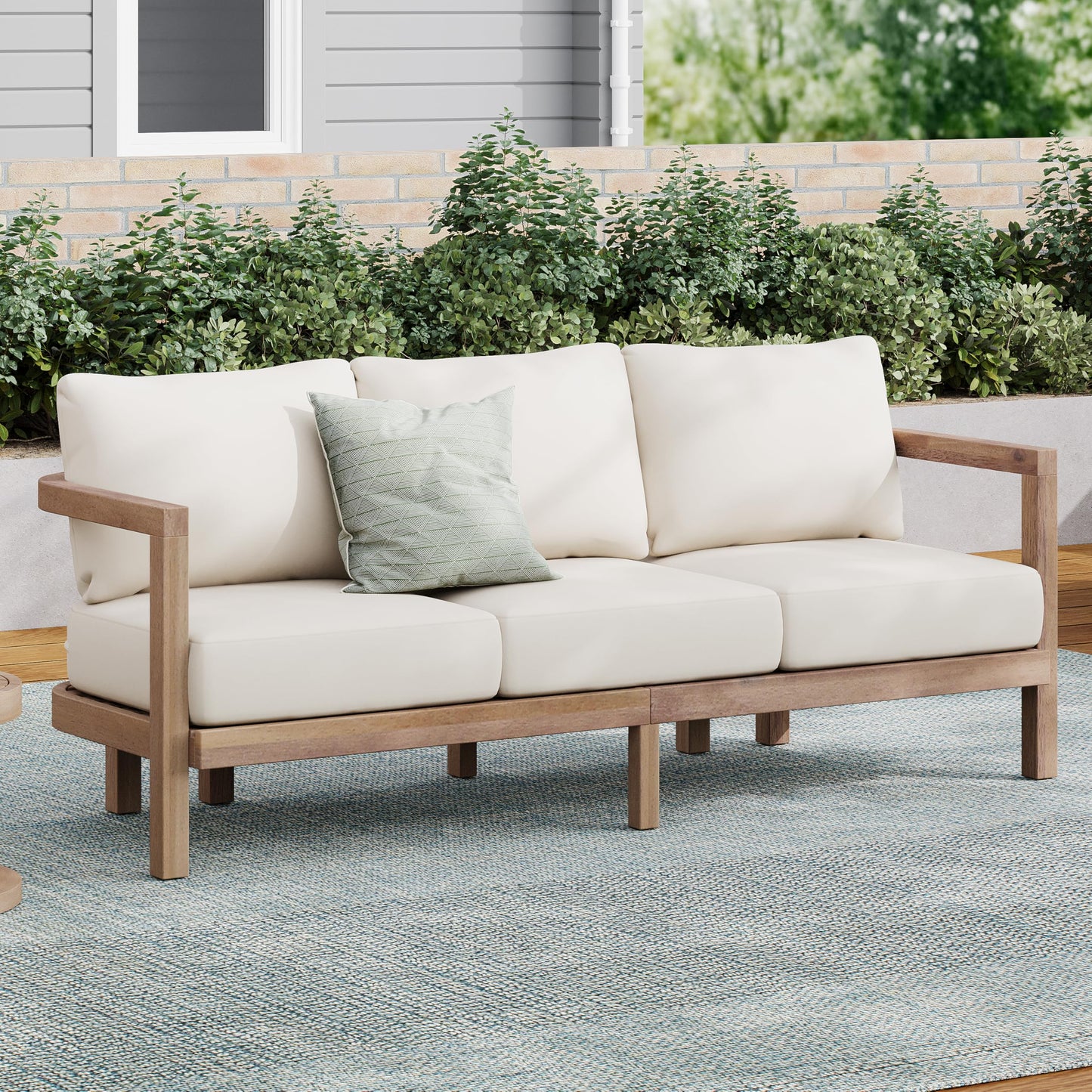 Merax 3 Seater Outdoor Acacia Wood Patio Sofa with Cushions for Porch, Garden, Backyard, Balcony, Brown wash, Beige Cushion