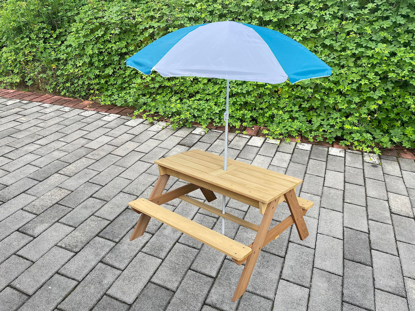 BTExpert Kids 3-in-1 Sand Water Activity Table Wooden Outdoor Convertible Picnic Table Bench Adjustable Umbrella Removable Top 2 Play Boxes Toy Set 37 x 35 in