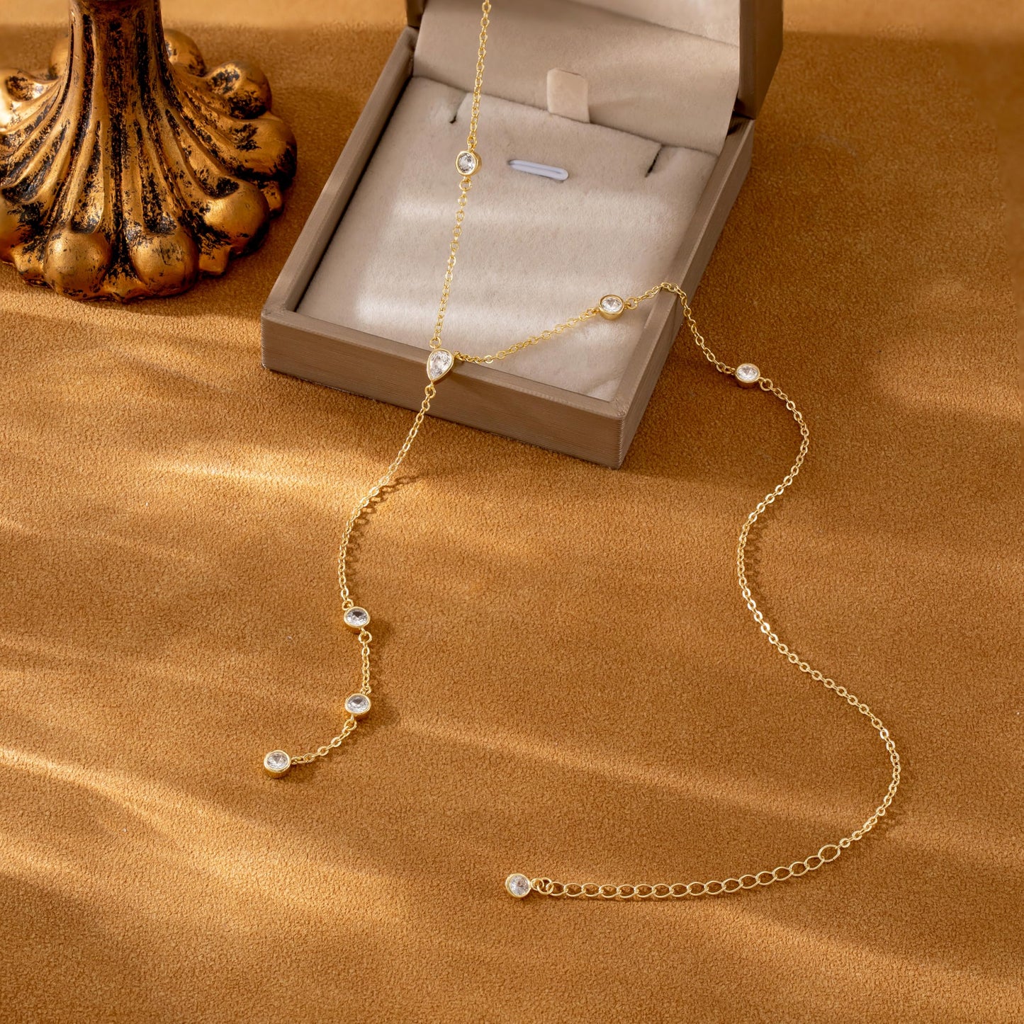 CHESKY Lariat Gold Necklace for Women, Dainty Long Necklace 14k Gold Plated Y-Shaped Pendant Necklace Trendy Layered Waterdrop Cubiz Zircon Drop Necklaces Simple Gold Jewelry for Women Gifts