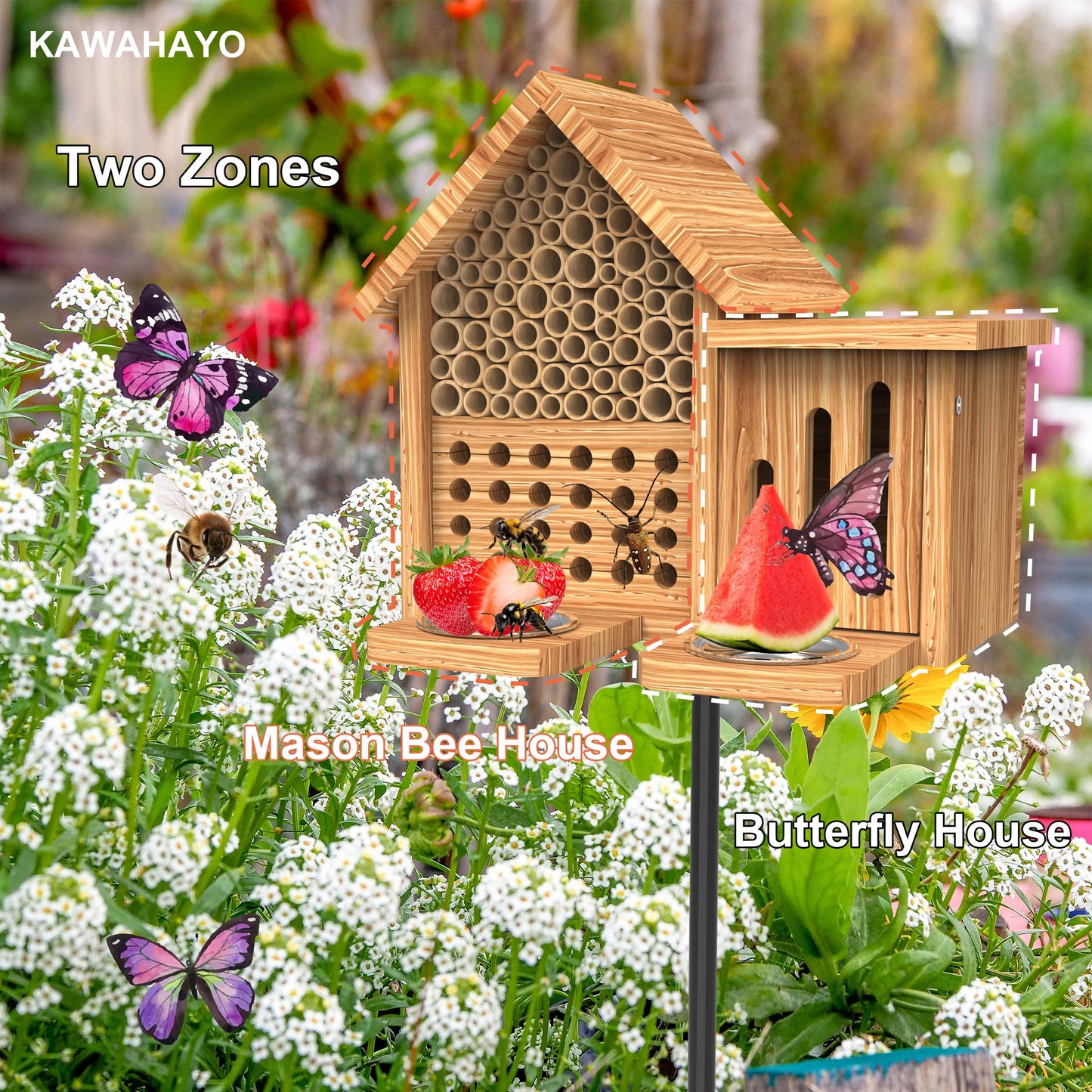 Mason Bee House Wooden Butterfly House with Feeders and Metal Stake, Insect Hotel for Garden Backyard, Natural Handmade Waterproof Bugs House, Attracts Bee, Butterfly, Ladybirds Pollinators