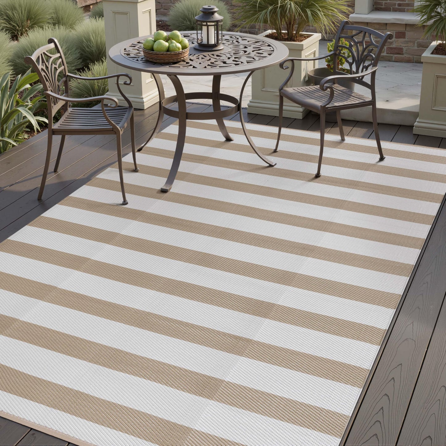 PureCozy Outdoor Waterproof Patio Rug 9x12 Plastic Straw Reversible Lightweight Outside Beige Striped Large Carpet Outdoor for Camping RV Porch Deck Balcony Beach