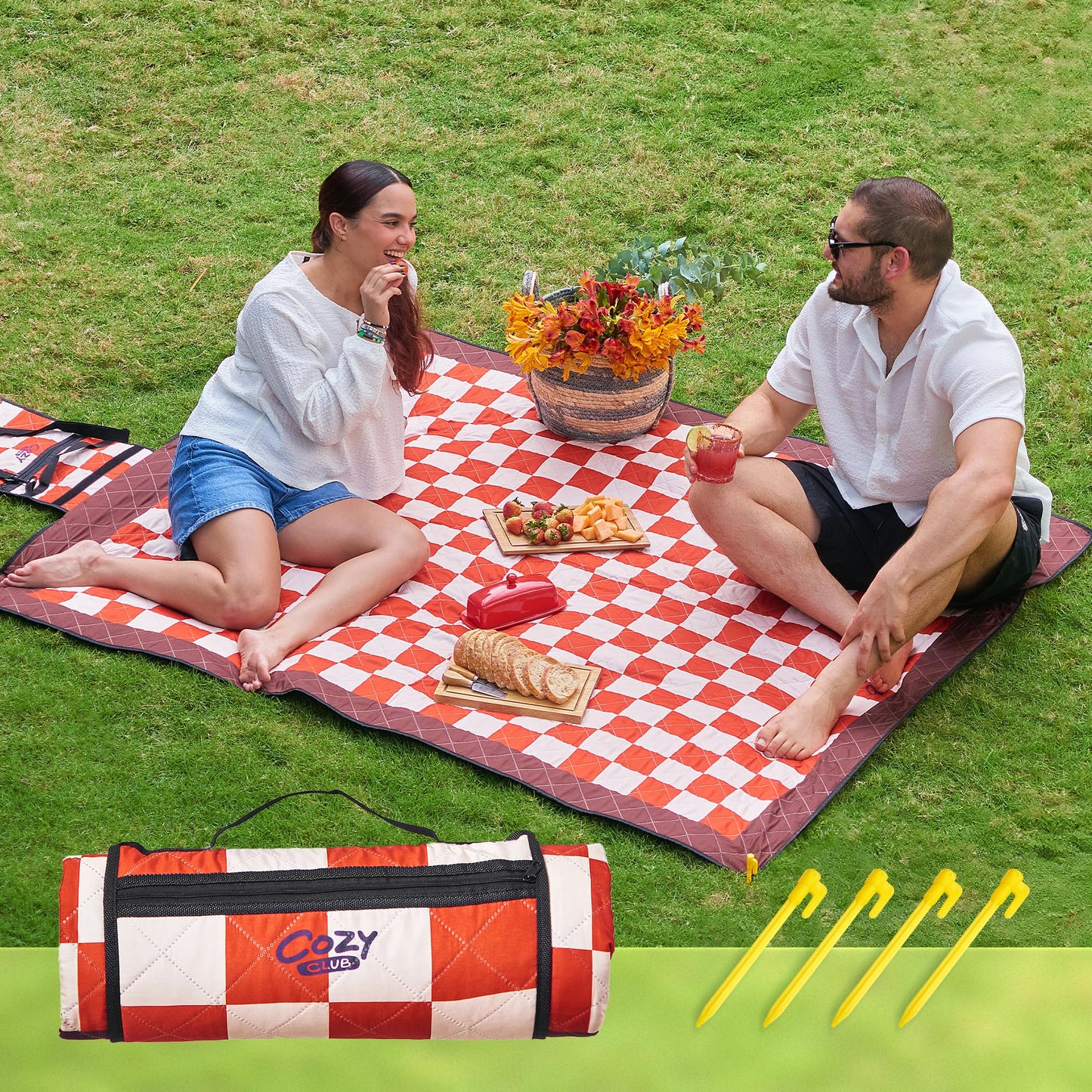 Cozy Club Waterproof Picnic Blanket – Foldable Outdoor Mat 60x70 with Stakes, Pocket & Shoulder Strap | Sandproof Beach Blanket for Festivals, Camping & Travel | Self-Packing | Terracotta | US Brand
