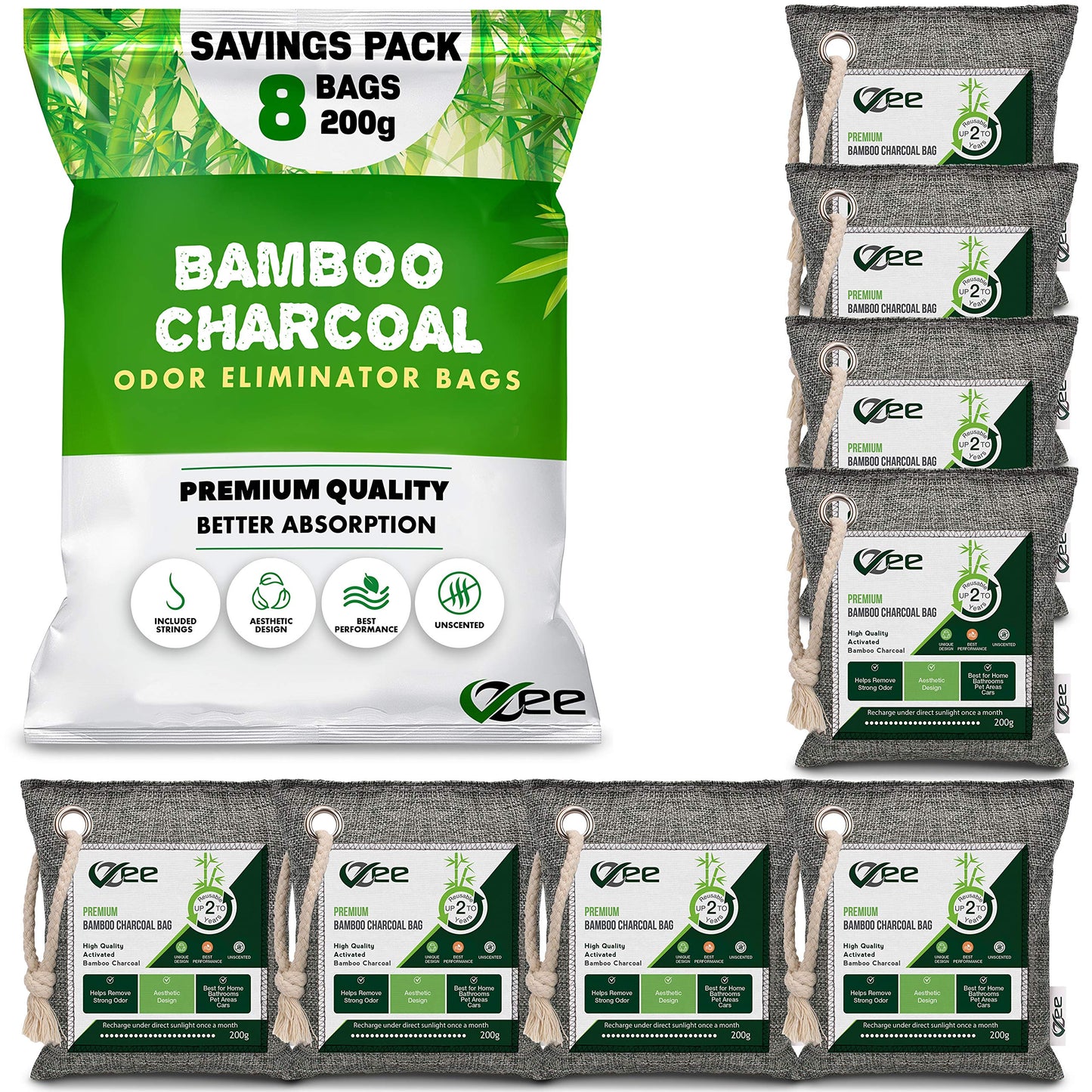 8 XL Bags x 200g Nature Fresh Activated Odor Absorber, Bamboo Charcoal Air Purifying Bag, Odor Eliminator for Home, Car, Cigarette Smoke, Dog, Cat, Shoes