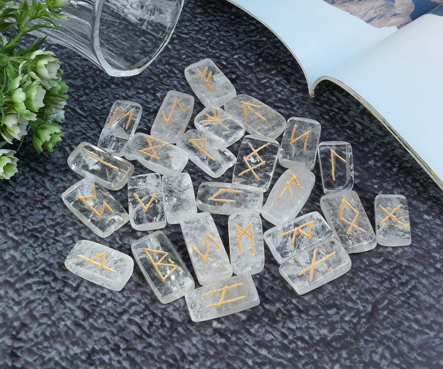 Crocon Clear Quartz Rectangle Shape Gemstone Runes with Elder Futhark Alphabet Engraved 25 pcs Rune Set Crystal Divination Metaphysical Healing Chakra Reiki Runes Set with a Pouch| Size : 20-25mm
