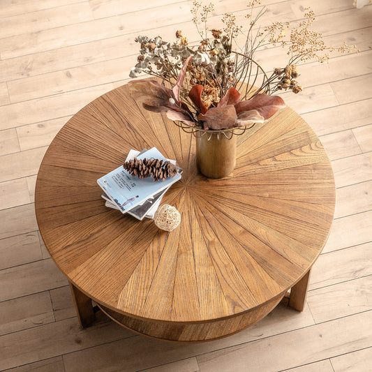 DS-HOMEPORT Round Coffee Table, 35" Circle Wood Coffee Table with Storage Shelf, 2 Tier Center Table for Living Room Apartment Home Furniture, Easy Assembly (Espresso,35" Dx35 Wx18 H)