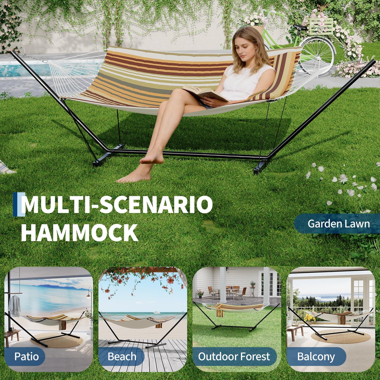 Garvee﻿ 2 Person Hammock with Stand for Outside, Double Hammock with Stand and Pillow, Max 450 Lbs Capacity with Balance Rope, Large Hammock for Outdoor Patio Backyard Poolside