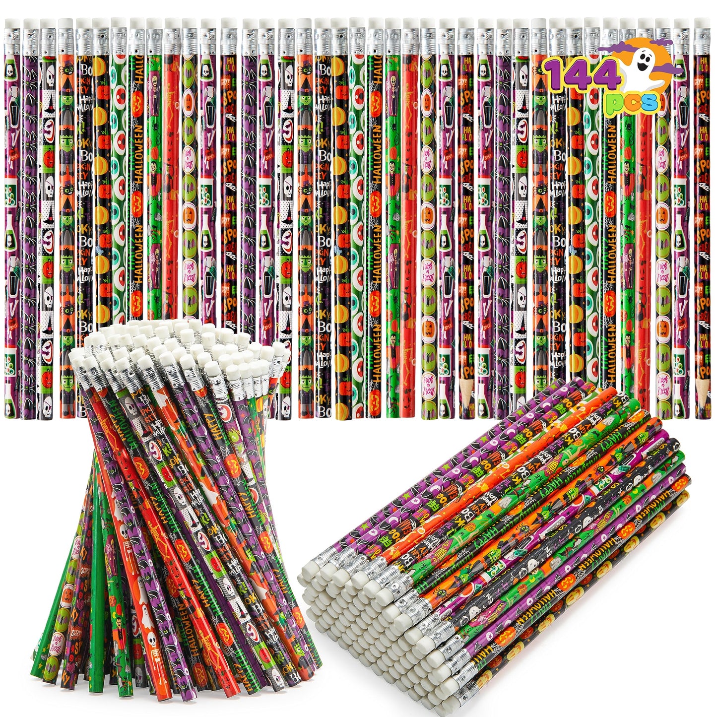 JOYIN 144 PCS Halloween Pencils with Eraser, 12 Designs Halloween Stationery Set for Kids Gifts Prizes, Wooden Drawing Pencils, Classroom Party Favor Supplies, Trick or Treat Goodies Bags Fillers