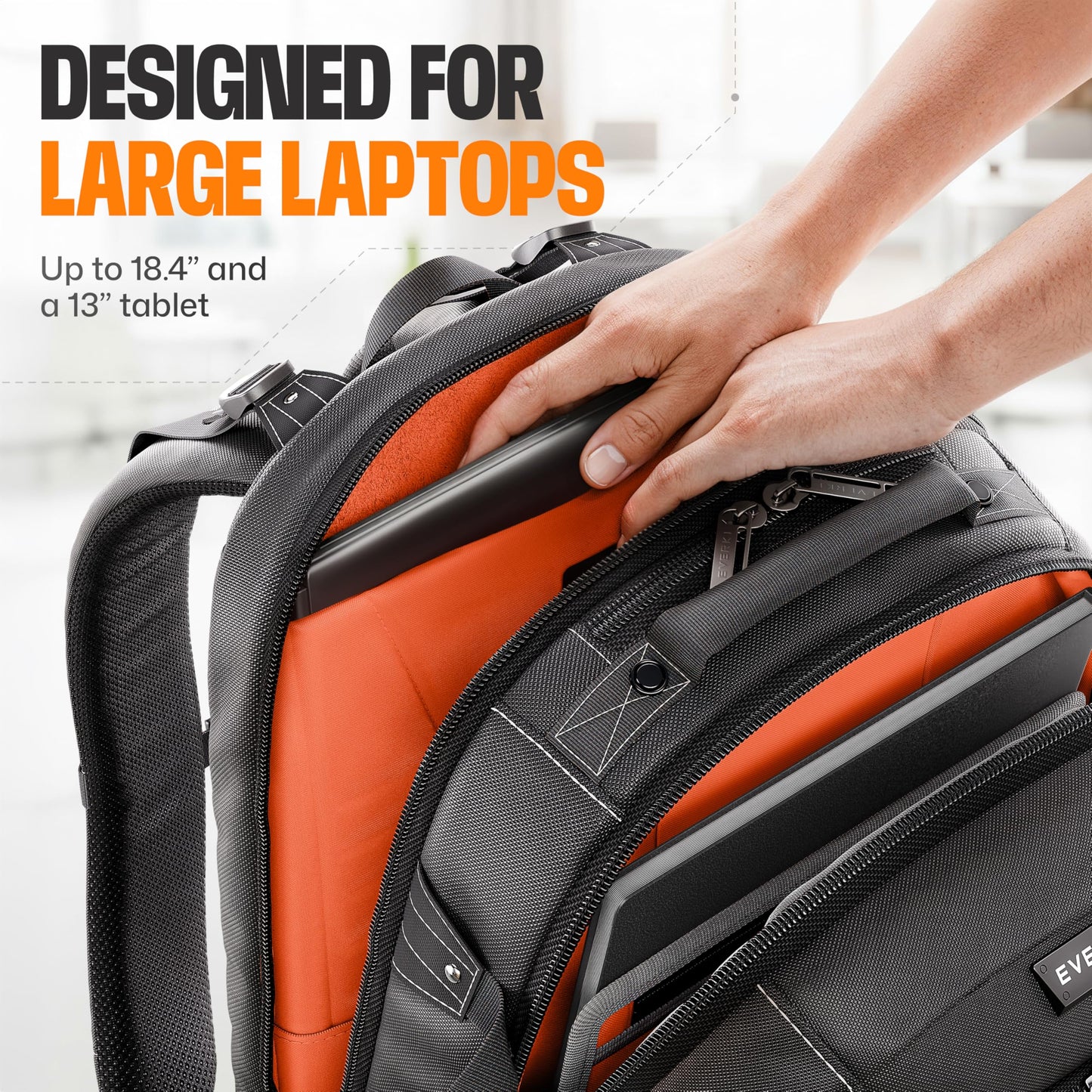 EVERKI Business 120 Laptop Backpack 40L with Rain Cover - Large Compartment Fits Up To 18.4", Travel Friendly Lightweight Business & Office Bag, 180° Fold-Out Design, Multiple Padded Pockets, Black