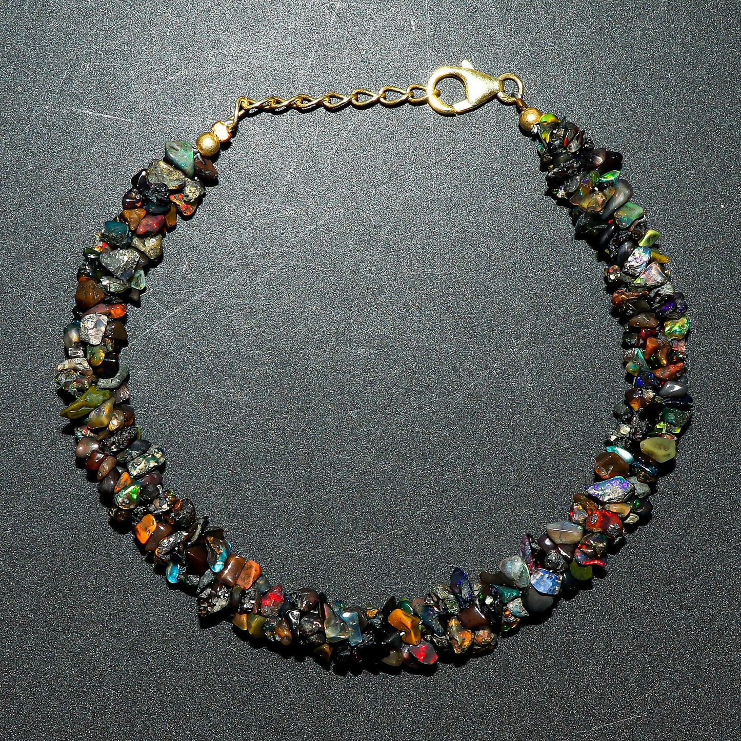 CRYSTALIS Natural Black-Opal Beads Braided Rope Bracelet, Chips Nuggets Beaded Gemstones, Chakra Healing Stones, Womens Jewelry, 14K Gold Plated 925 Sterling Silver Bracelet 8 inch