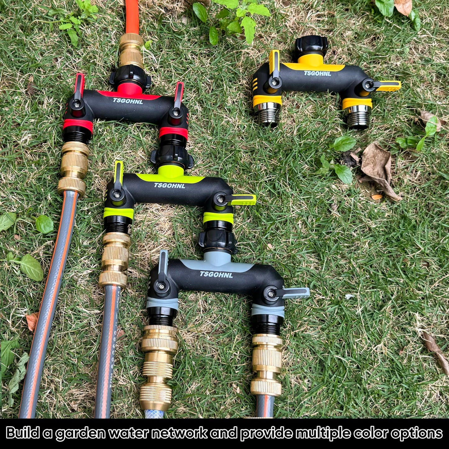 2 Way Garden Hose Splitter, 3/4 Inch Outdoor Faucet Splitter, Hose Manifold with Independent Shut Off Valves, Wide Spacing for Hose Timers, Sprinklers, Lawn, Yard and Garden Watering - yellow