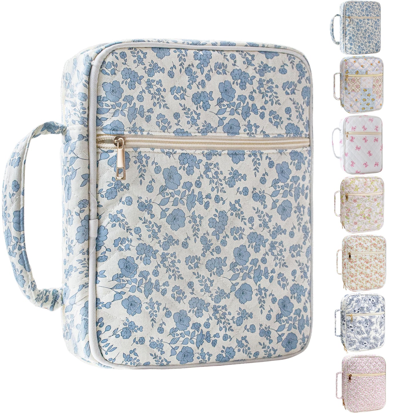 CasaRovela Bible Cover for Women, Large Quilted Case with Handle, Durable Bag and Carrying Case for Girls, Study Supplies Accessories, Christian Gift for Women (Blue Flower, Large)