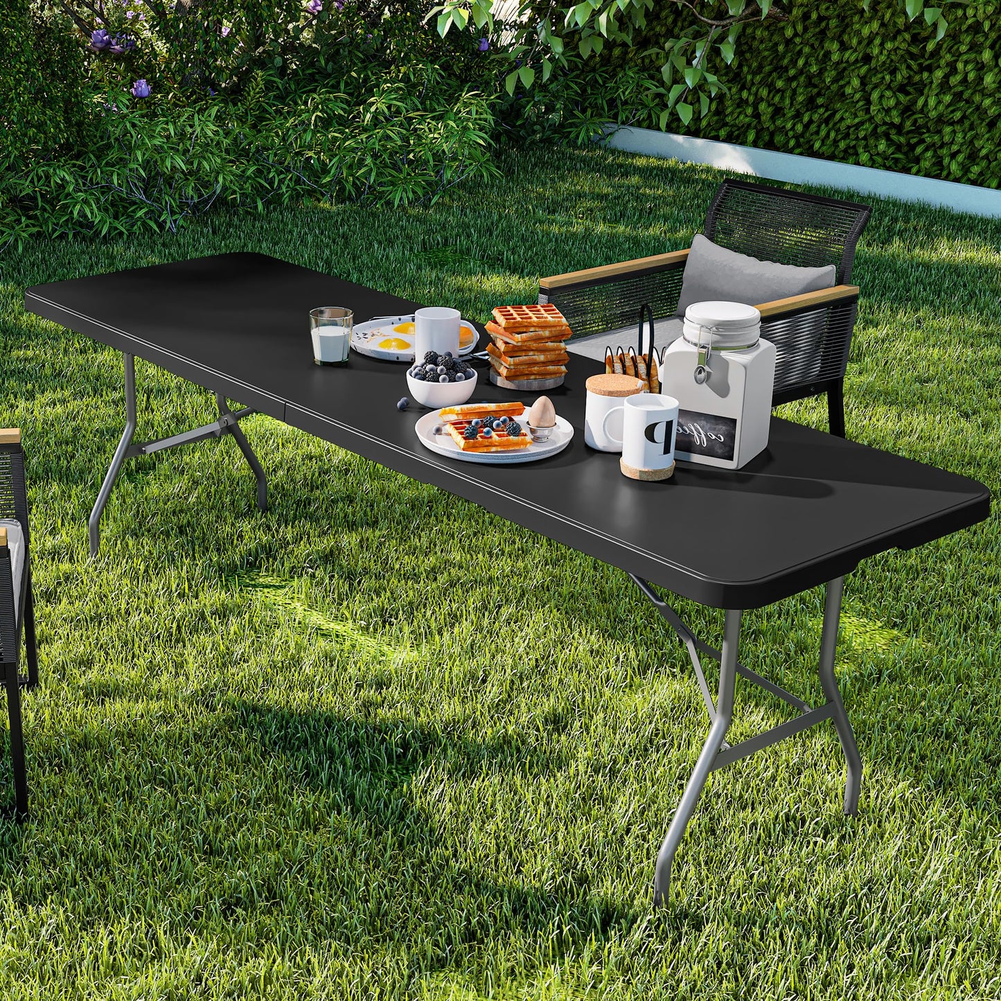 YITAHOME 8FT Folding Tables, Heavy Duty Folding Table with Carrying Handle, Plastic Fold up Table for Outdoor Camping Picnic Parties/Indoor Events, Black