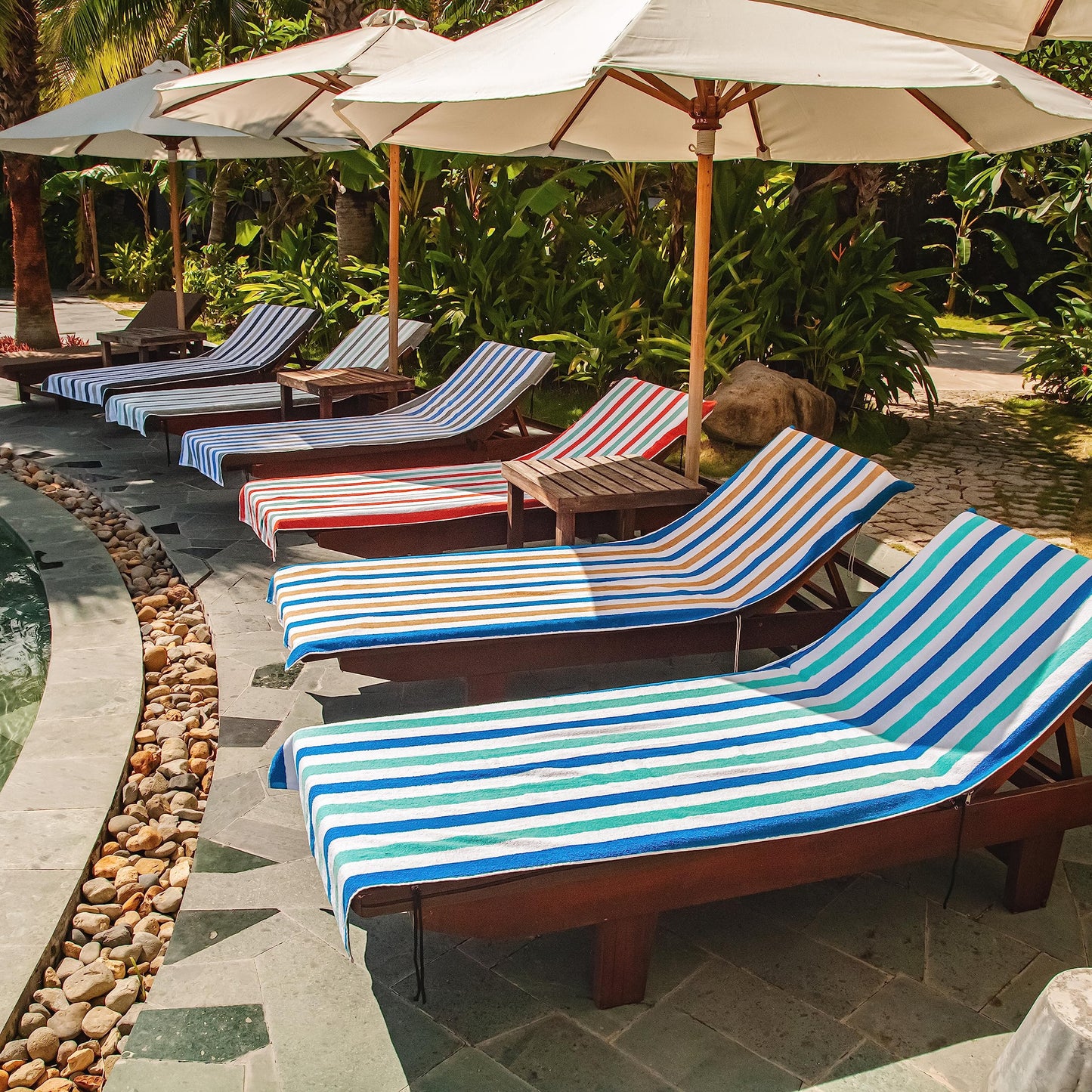 Arkwright Cabo Chaise Lounge Cover Towel with Pocket - Pack of 2 - Striped 100% Cotton Cabana Cover for Beach Pool Outdoor Chairs, 30 x 85 in, Royal Blue/Café Ole