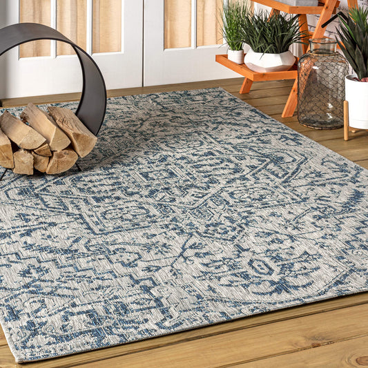 JONATHAN Y Boho Medallion Indoor Outdoor Area Rug 4X6 Navy/Gray, Estrella Textured Weave for Backyard, Patio, Porch, Easy-Cleaning, High Traffic, Pet-Friendly, Non-Shedding (SMB105B-4)