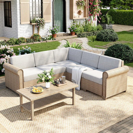MIXPATIO Patio Furniture Set, 6 Piece Outdoor Rattan Wicker Sectional Conversation Set with 5.5" Thick Waterproof Cushions and Coffee Table for Deck Backyard